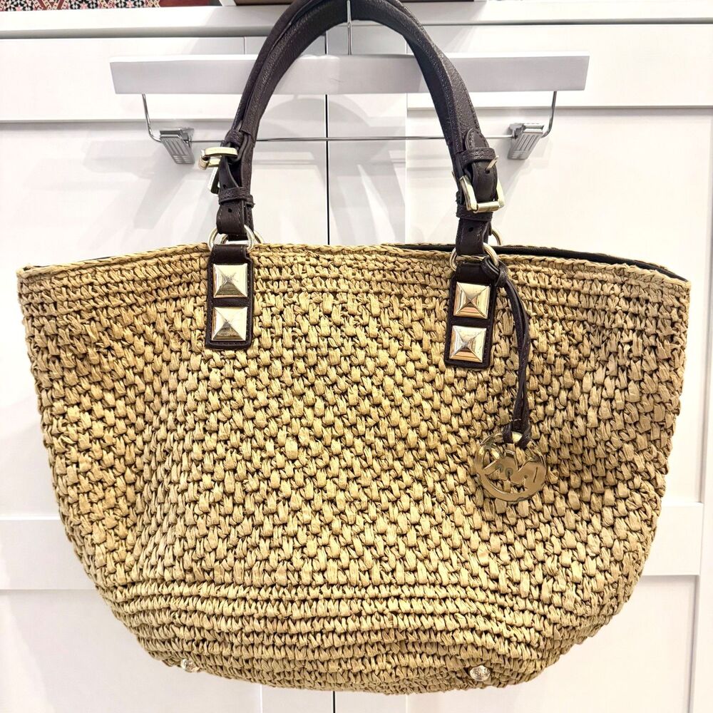 Michael Kors Santorini Large Raffia Straw Tote Bag - Gold Stud Accents